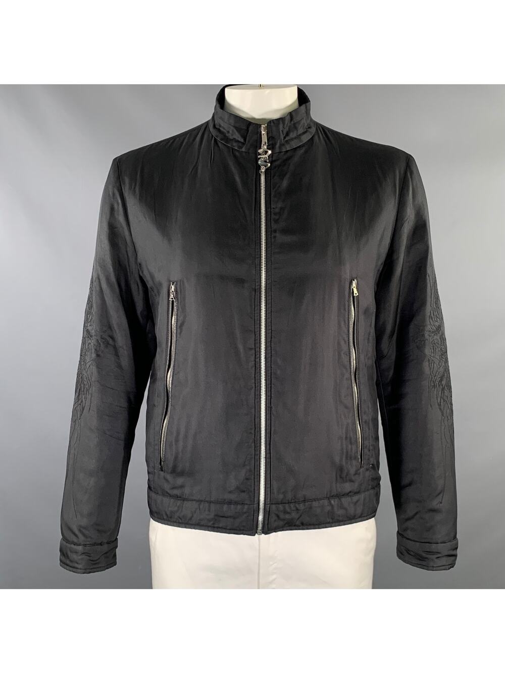 JOHN RICHMOND Size XL Black Embroidery Poliammide Zip Up Jacket